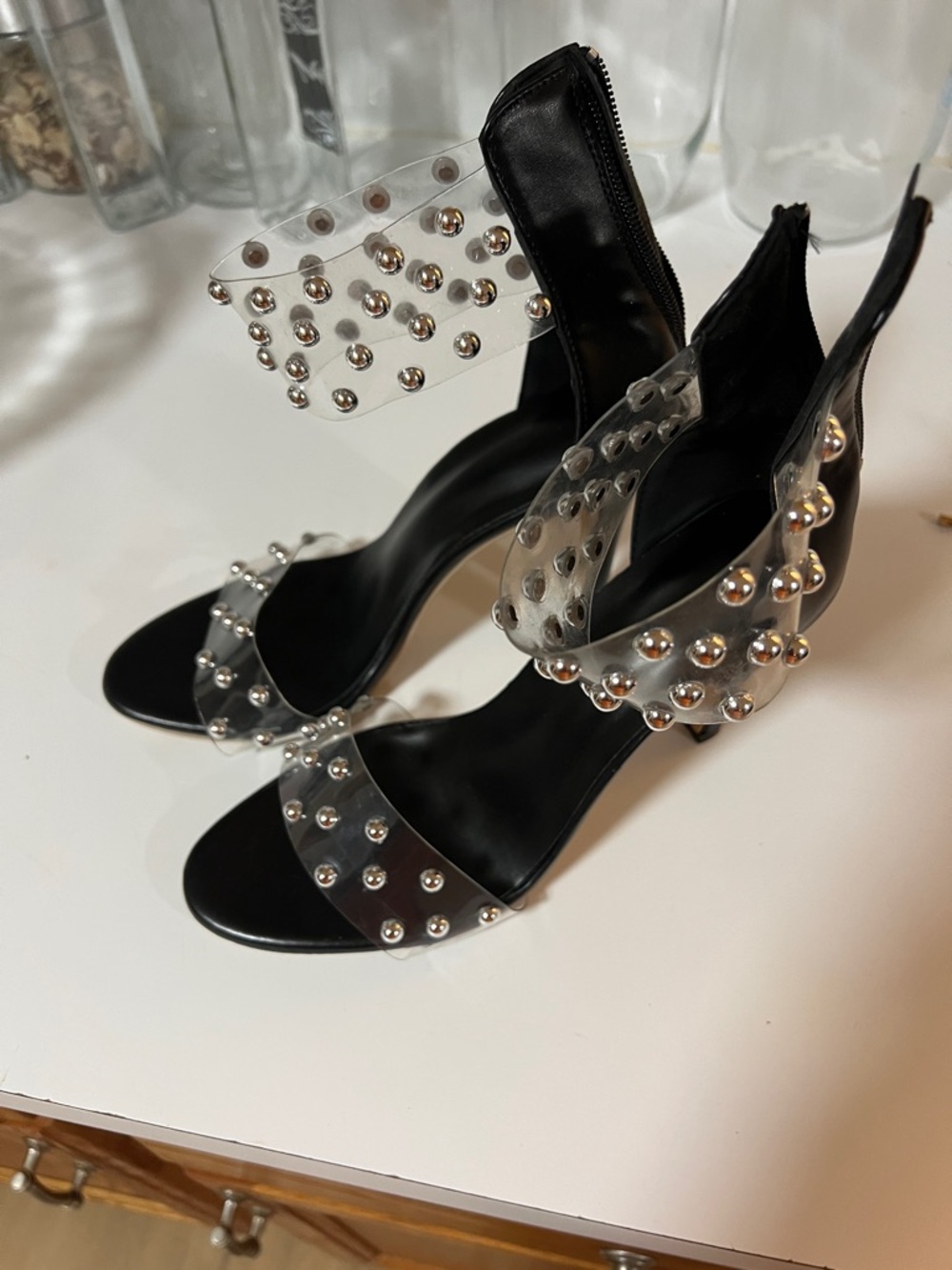 Clear Studded Ankle-Strap Heels - Black